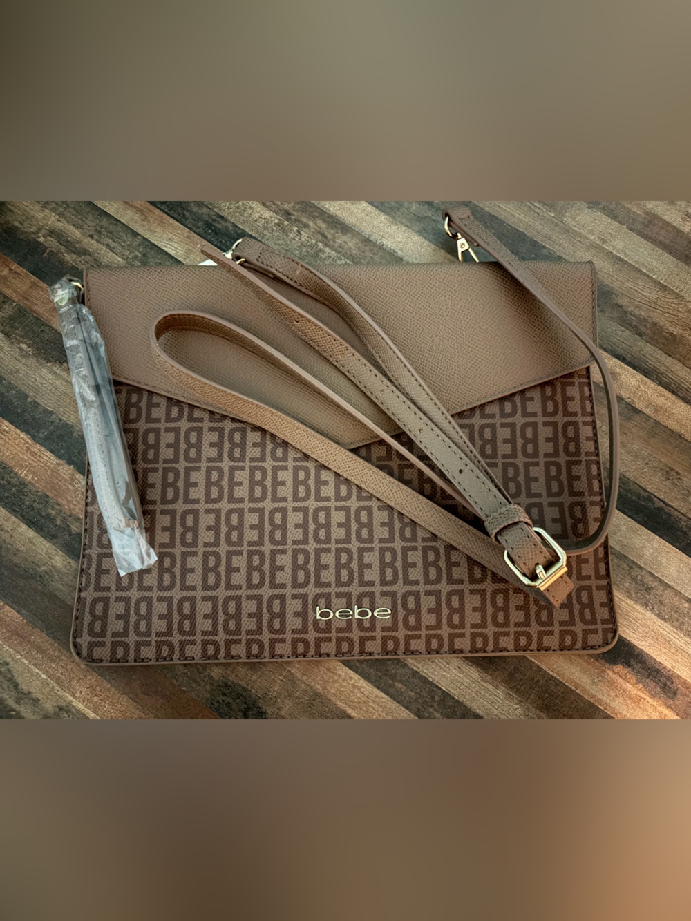 bebe Monogram Convertible Envelope Crossbody in Brown- New!